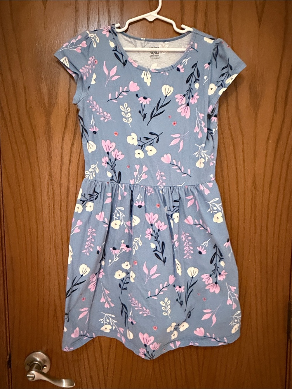 Carter's Blue Floral Short Sleeve Knit Cotton Dress with Pink & White Flowers